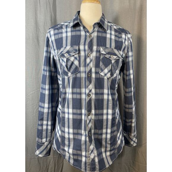 BKE Western Tailored Fit Shirt Mens L LongSleeve Blue Plaid Metal Buttons - Picture 1 of 10